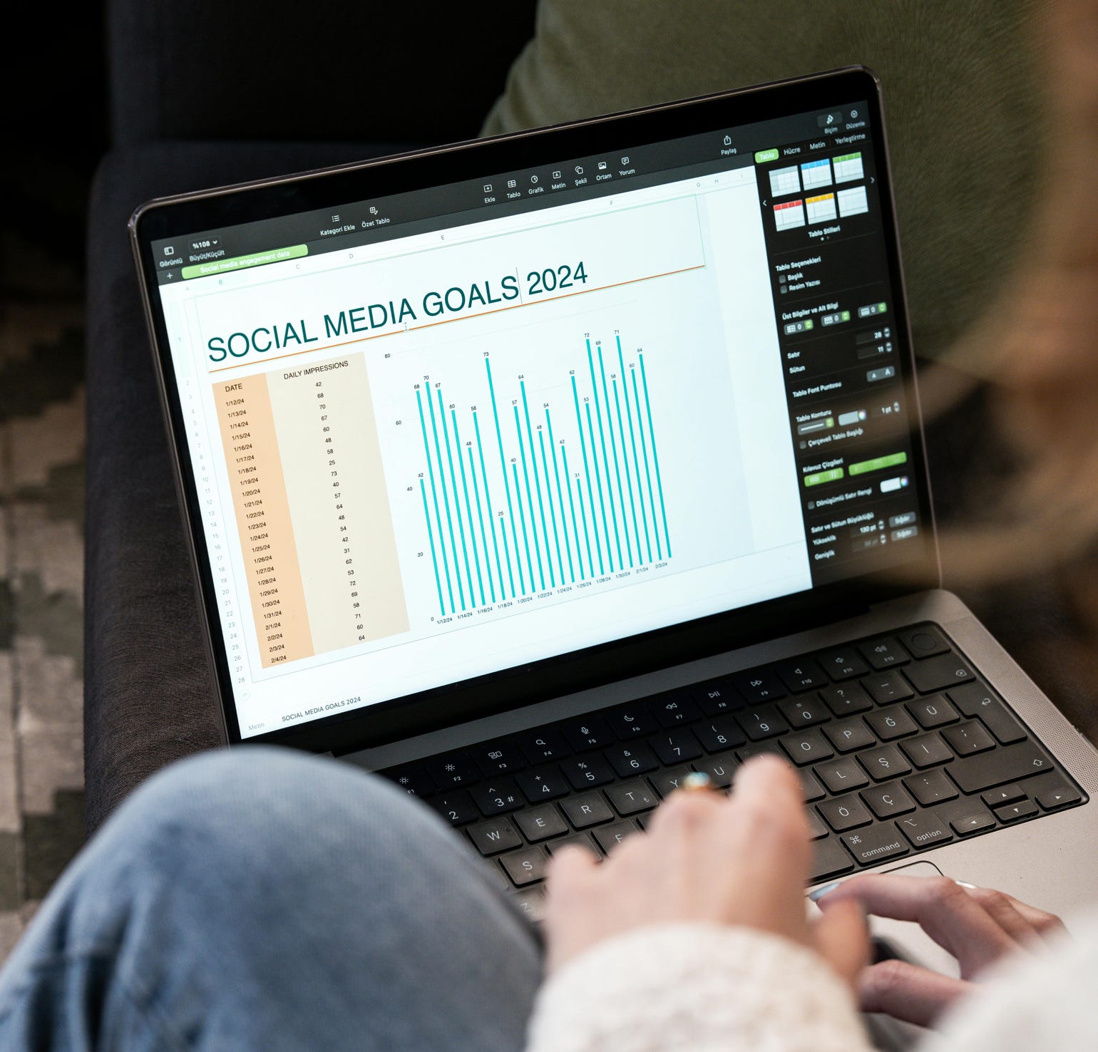 Viewing Social Media Goals Chart on Laptop